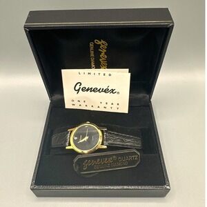 Genevex Black Leather Quartz Genuine Diamond Watch VINTAGE - Not Tested
